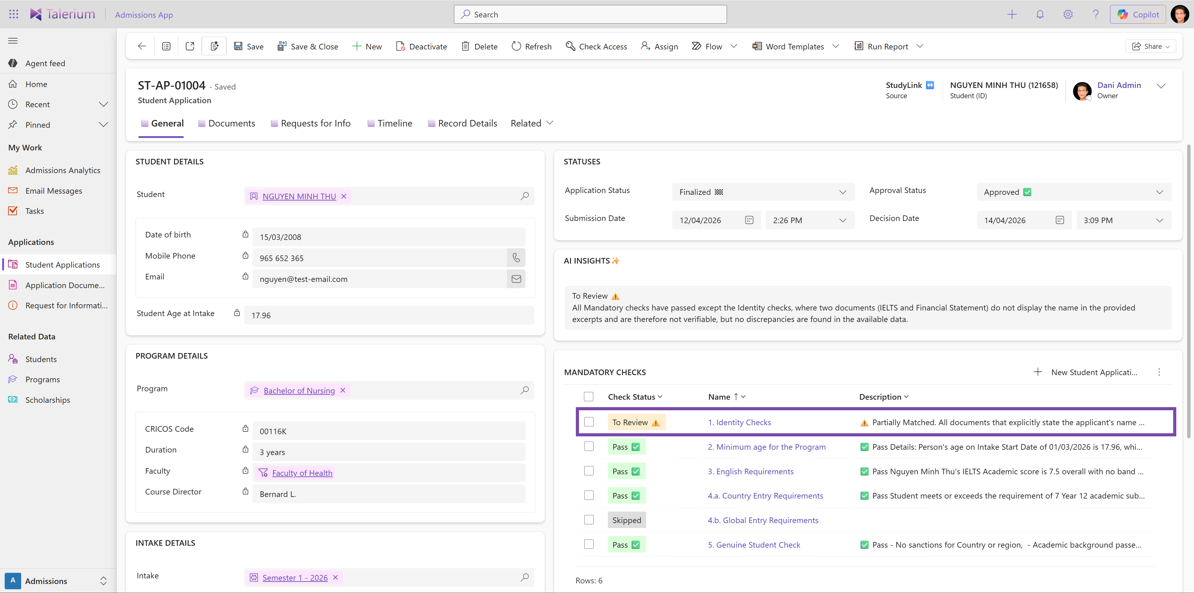 Assessment checks in the admissions workflow